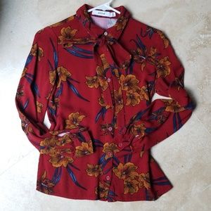 Justfab floral button up top with neck tie